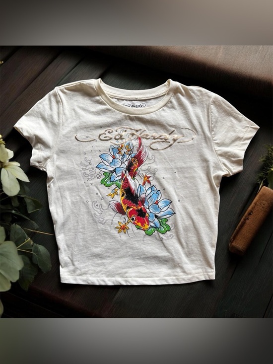 Ed Hardy Tops - Ed Hardy Cream Koi Fish Graphic Tee | Size S | Floral Tattoo Style
